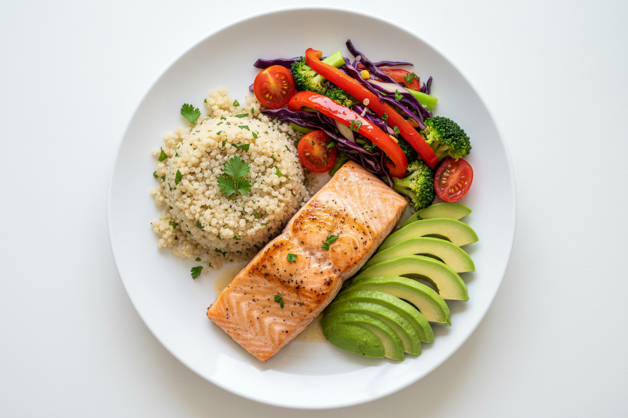 Balanced high-protein meal with fibre-rich vegetables, quinoa and avocado