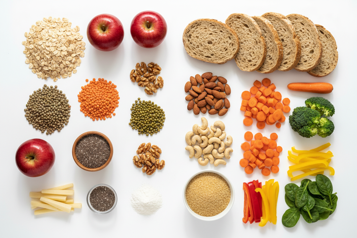 Soluble and insoluble fibre foods including oats, lentils, fruit, whole grains, nuts and vegetables