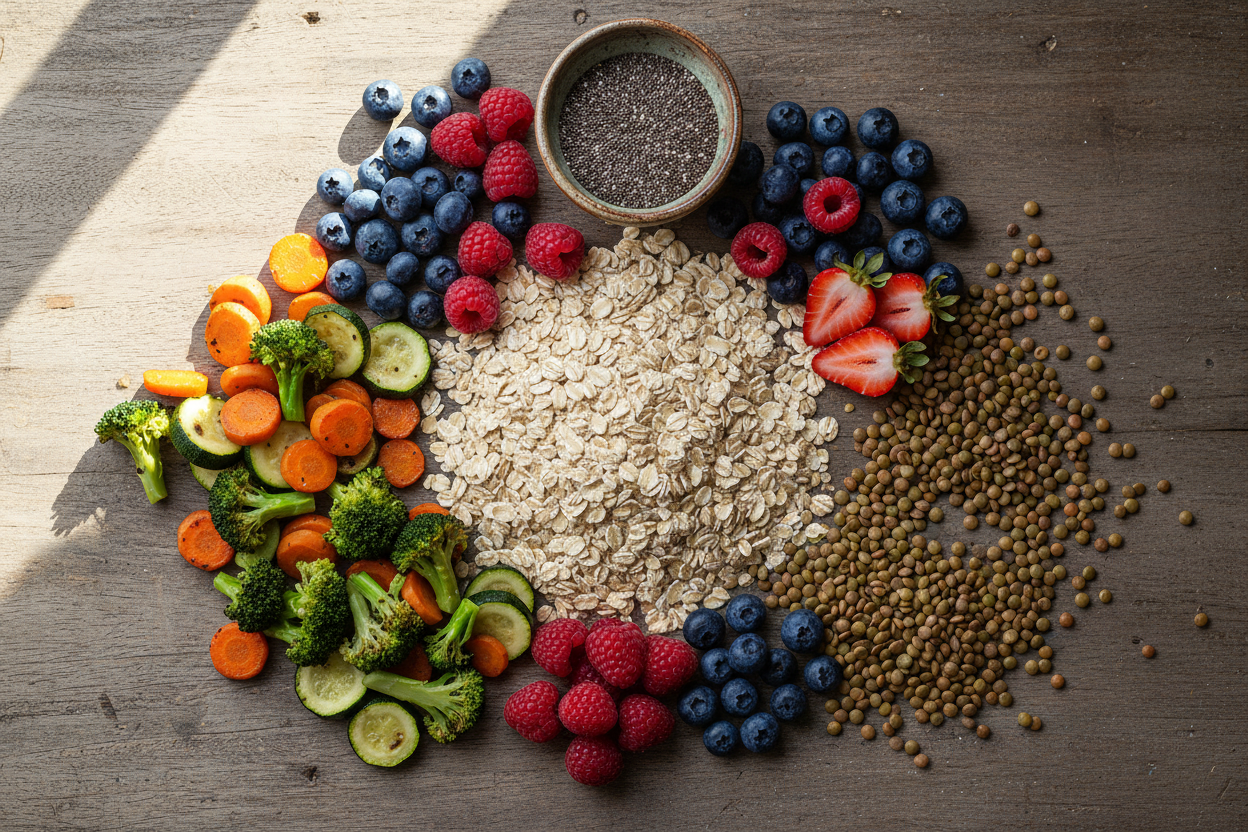 Fibre-rich foods including oats, berries, chia seeds, lentils and cooked vegetables