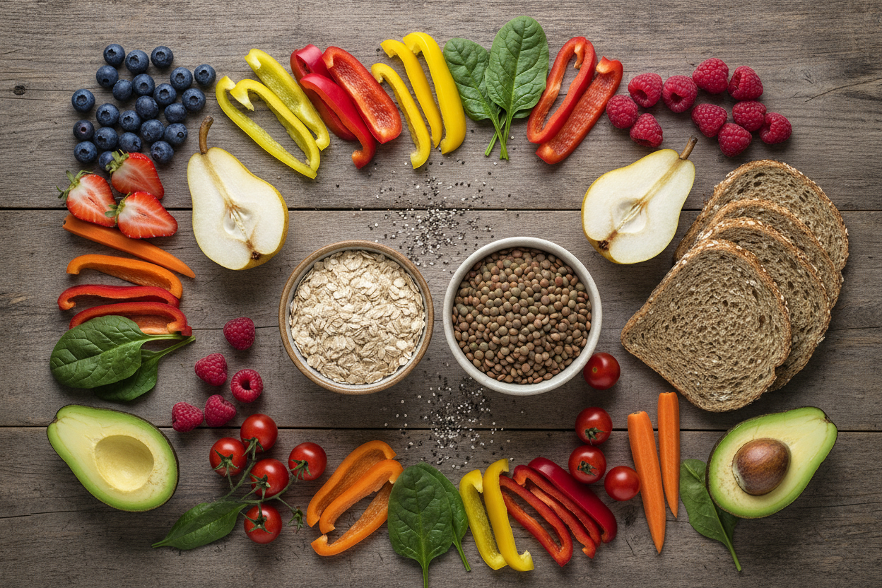 High-fibre foods including lentils, oats, berries, pears, vegetables and seeds