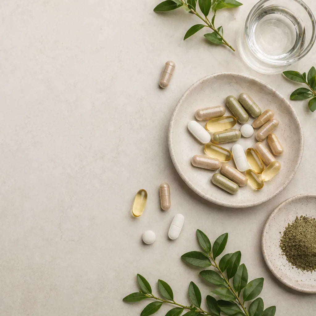 Practitioner-grade supplement capsules on a ceramic plate with fresh herbs